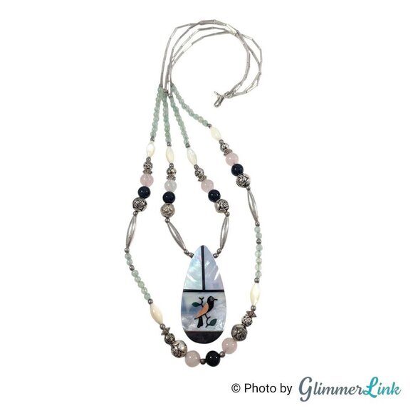 Jewelry - Vintage Bird Inlay Pendant Necklace Aventurine Rose Quartz Onyx Silver Tone